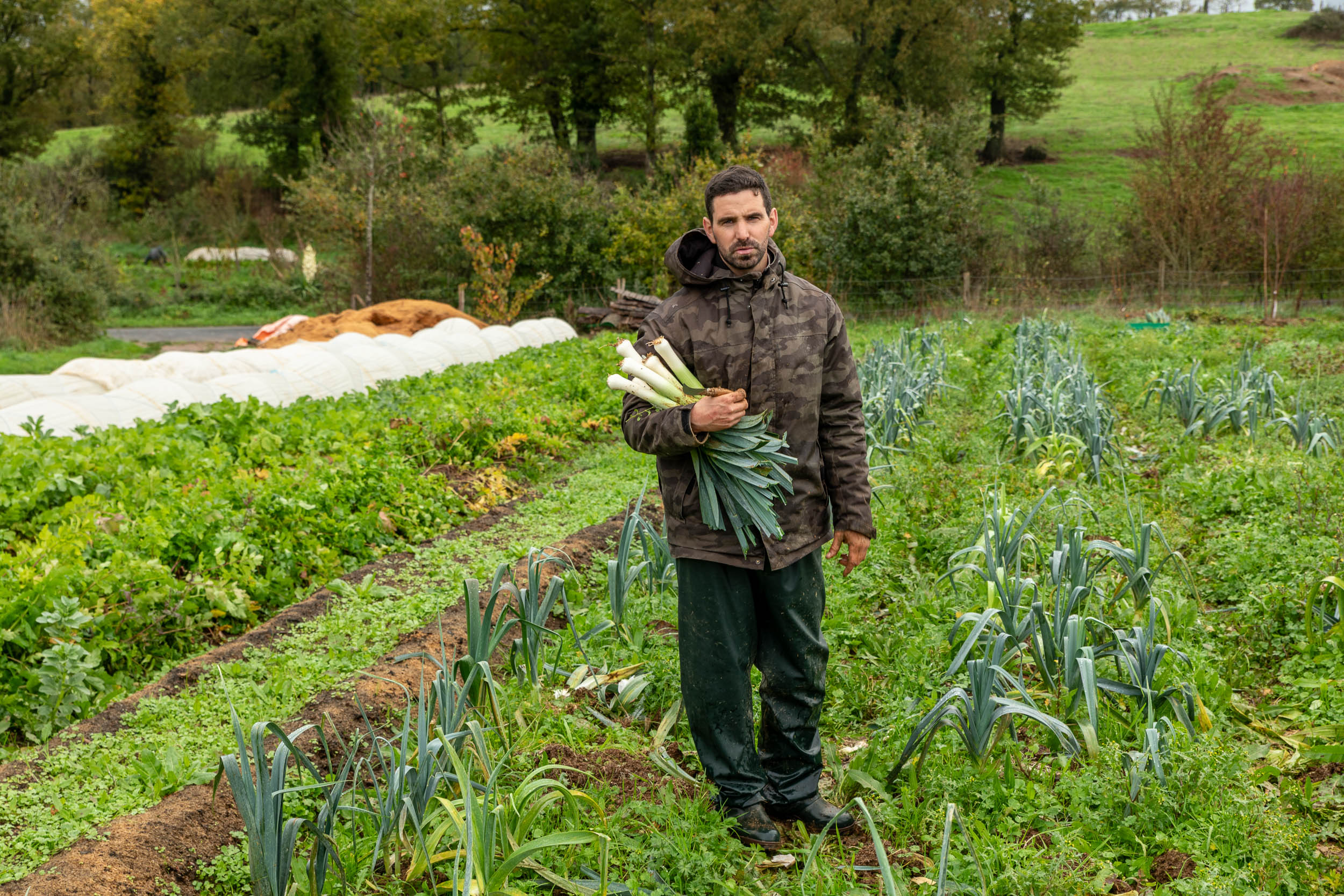 Un paysan au milieu de son champ est fier de sa production de légumes.